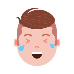 boy head emoji personage icon with facial emotions, avatar character, man happy crying face with different male emotions concept. flat design. vector illustration