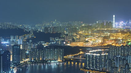 Fototapeta premium Aerial view of Hong Kong city at night