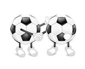 Cute cartoon soccer ball shaking hands as a symbol of unity. Contract, cooperation and teamwork concept. Illustration isolated on white background. Sport mascot character.