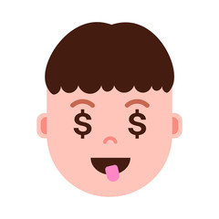 boy head emoji personage icon with facial emotions, avatar character, man dollar face with different male emotions concept. flat design. vector illustration