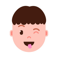 boy head emoji personage icon with facial emotions, avatar character, man show tongue face with different male emotions concept. flat design. vector illustration