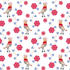 Seamless ornamental pattern with funny birds with crests in shape of cosmos flowers, blue clover leaves and red flowers in folk style isolated on white background. Vector print for fabric.