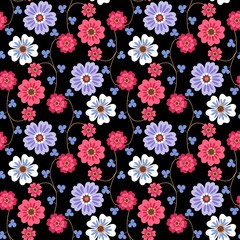 Seamless romantic floral pattern with red, white and lilac flowers and small blue leaves on black background in vector.