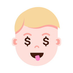 boy head emoji personage icon with facial emotions, avatar character, man dollar face with different male emotions concept. flat design. vector illustration