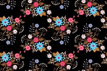 Seamless floral pattern with bouquets of  bright flowers isolated on black background in folk style. Vector summer design.