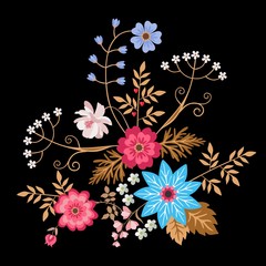 Cute bouquet of flowers isolated on black background in folk style in vector. Wedding invitation, greeting card, napkin or pillowcase, embroidery imitation.