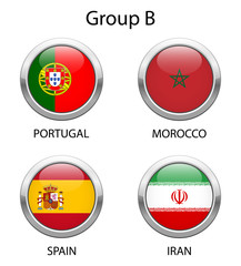 Football 2018 in Russia. Group B. Shiny metallic icons buttons with national flags isolated on white background.