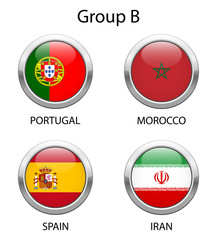 Football 2018 in Russia. Group B. Shiny metallic icons buttons with national flags isolated on white background.