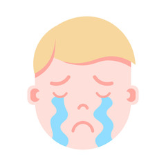 boy head emoji personage icon with facial emotions, avatar character, man crying face with different male emotions concept. flat design. vector illustration