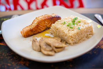butter fried rice with grilled salmon