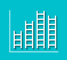 Bar graph in ladder shape. Analysis information concept, success and achieving your goal. Illustration isolated on blue background.
