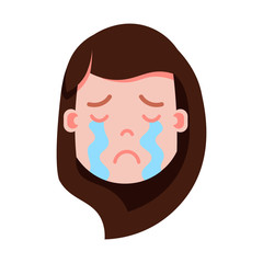 girl head emoji personage icon with facial emotions, avatar character, woman crying face with different female emotions concept. flat design. vector illustration