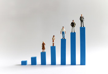 Five miniature people standing on a bar on a blue bar graph. Economic inequality and...