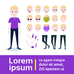 boy character constructor set of various male emotion faces, hands, legs body parts template for design work and animation full length flat person design vector illustration