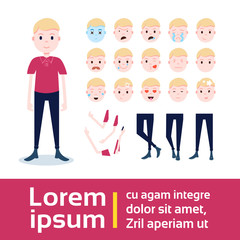 boy character constructor set of various male emotion faces, hands, legs body parts template for design work and animation full length flat person design vector illustration