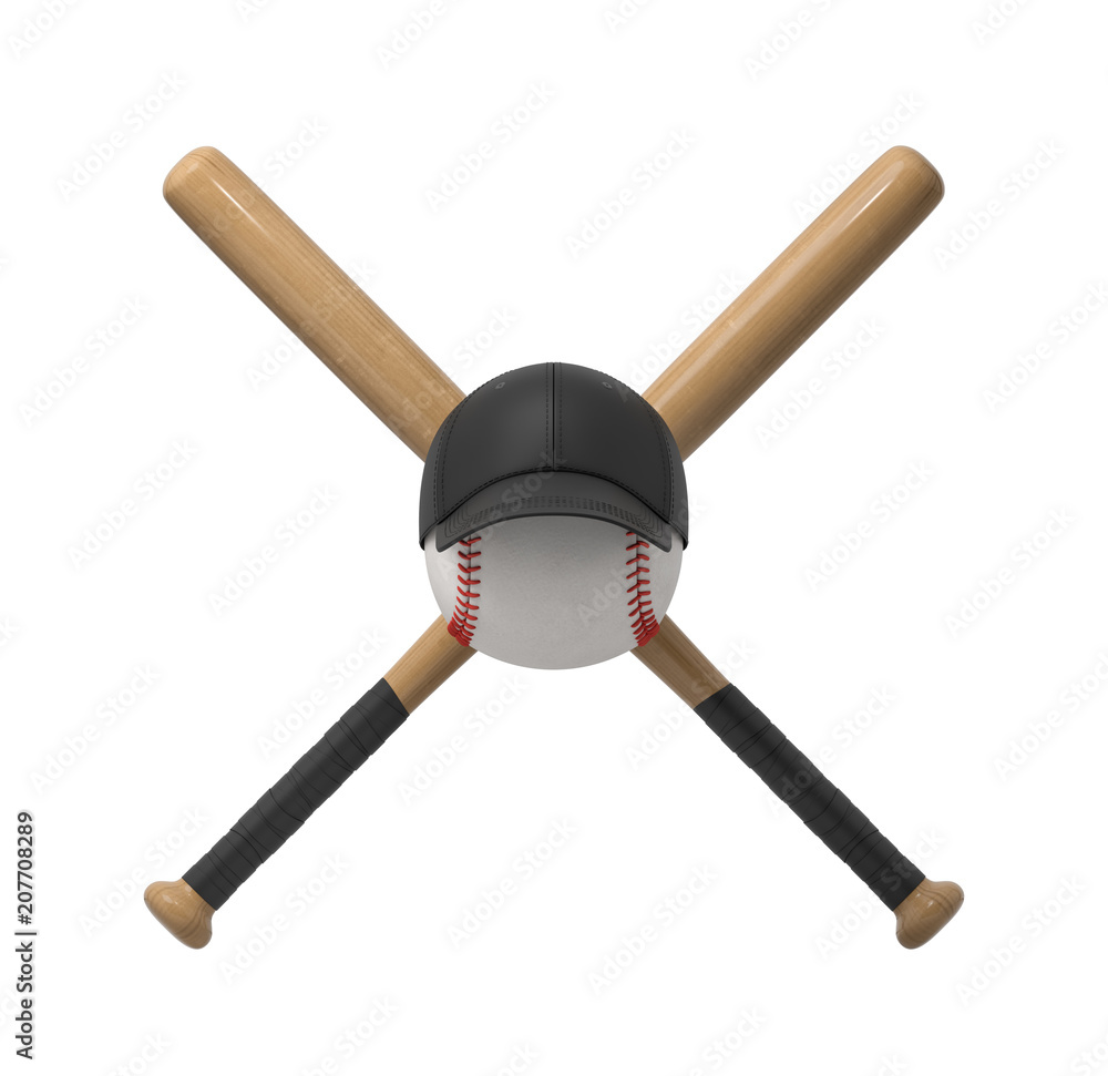 Poster 3d rendering of a huge baseball with a black cap placed on it with two crossed bats in the backgroun