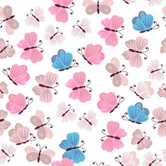 Gentle seamless pattern with colorful flying butterflies isolated on white background in vector. Print for fabric, paper, wallpaper, wrapping design.