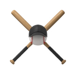 3d rendering of a huge baseball with a black cap placed on it with two crossed bats in the background.