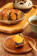 Sliced red bean paste moon cake with yolk                               