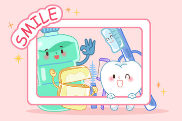 cartoon tooth with mouthwash