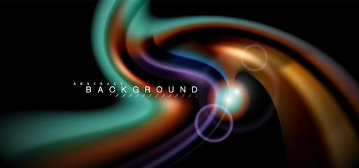 Color shiny light effects on black, liquid style multicolored wavy shape