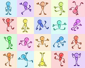 Collection of stick moving figures with different poses on color