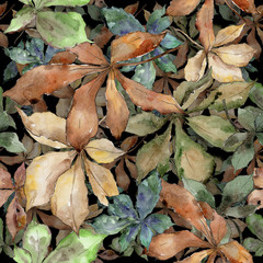 Autumn chestnut leaves. Leaf plant botanical garden floral foliage. Seamless background pattern. Aquarelle leaf for background, texture, wrapper pattern, frame or border.