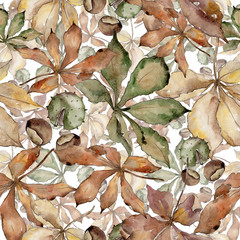 Autumn chestnut leaves. Leaf plant botanical garden floral foliage. Seamless background pattern. Aquarelle leaf for background, texture, wrapper pattern, frame or border.