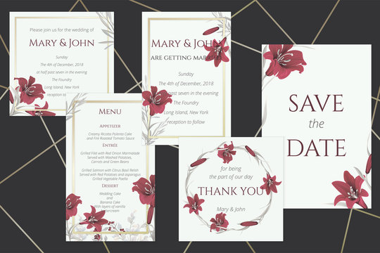 Set of wedding cards with wine lilies
