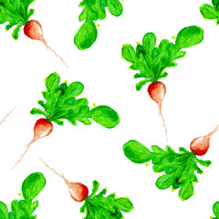 Watercolor Vegan Pattern. Seamless Hand Drawn  Vegetables. Healthy Food Print. Gardening Background. Greenery Repeatable Design for Menu, Restaurant, Salat Bar, Farmers Market. Redish. Vegetarian.