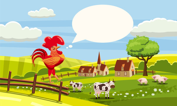 Rural cute farm view, cow, sheep, cock sitting on a fence, vector, illustration, isolated, cartoon style