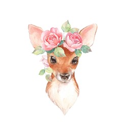 Fototapeta premium Baby Deer i kwiaty. Ręcznie rysowane ładny płowy. Akwarela ilustracja