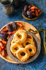 Traditional arabic date ring cookies - kaak bi ajwa, popular cookies for Eid holidays. Top view.
