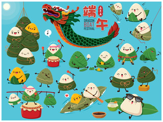 Vintage chinese rice dumplings cartoon character & dragon boat set. Dragon boat festival illustration.(caption: Dragon Boat festival, 5th day of may)
