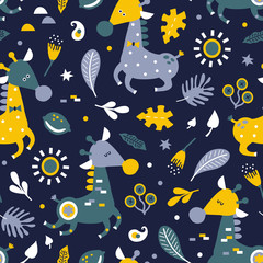 vector seamless background pattern with funny baby giraffe for fabric, textile