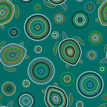 Australian Aboriginal Art. Point drawing. Sea turtles. Seamless pattern. Background green blue blur
