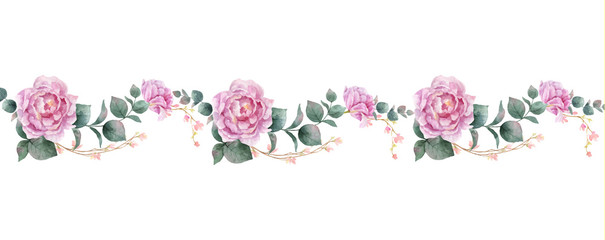 Watercolor vector hand painting horizontal banner of peony flowers and green leaves. © ElenaMedvedeva