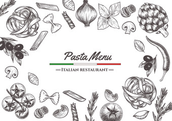 Italian pasta frame . Hand drawn vector illustration of an Italian pasta on a blackboard, sketch . Classic italian cuisine.
