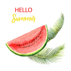 Watercolor vector card tropical leaves and slice of watermelon isolated on white background.