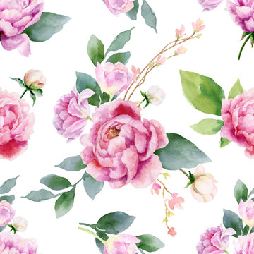 Watercolor vector hand painting seamless pattern of peony flowers and green leaves.