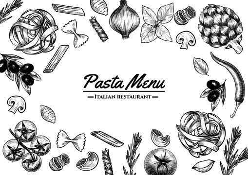 Italian pasta frame . Hand drawn vector illustration of an Italian pasta on a blackboard, sketch . Classic italian cuisine.