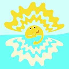 Good morning, rising sun with smile and thumb up behind river shows thumb up. Sky, river, smiling sun on the morning minimal abstract flat style vector illustration