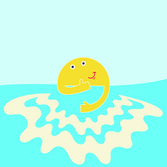 Good morning, rising sun with smile and thumb up behind river shows thumb up. Sky, river, smiling sun on the morning minimal abstract flat style vector illustration