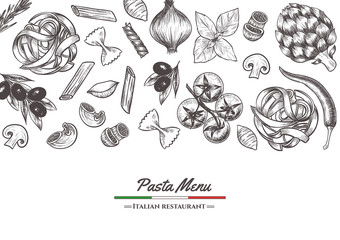 Italian pasta frame . Hand drawn vector illustration of an Italian pasta on a blackboard, sketch . Classic italian cuisine.
