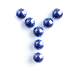 Blue beads font letter of english alphabet on white background