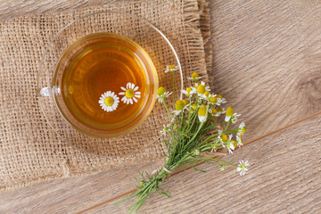 Glass cup of green tea with white chamomile flowers