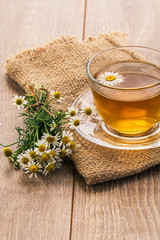 Glass cup of green tea with white chamomile flowers