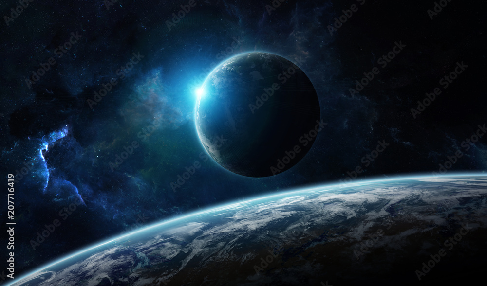 Poster Distant planet system in space with exoplanets 3D rendering elements of this image furnished by NASA