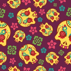 Poster Day of the Dead. Seamless vector pattern with sugar skulls and flowers on purple background © coz1421