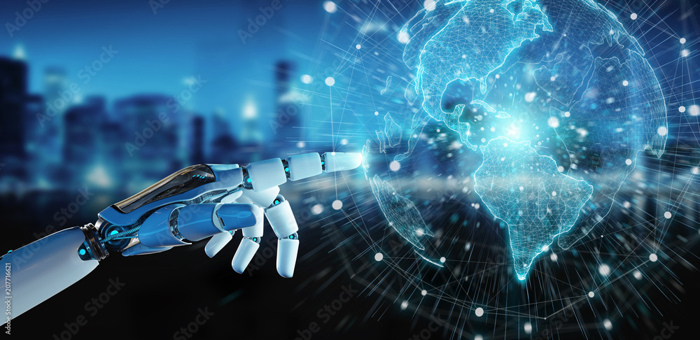 Aufkleber white cyborg hand using planet earth interface 3d rendering
